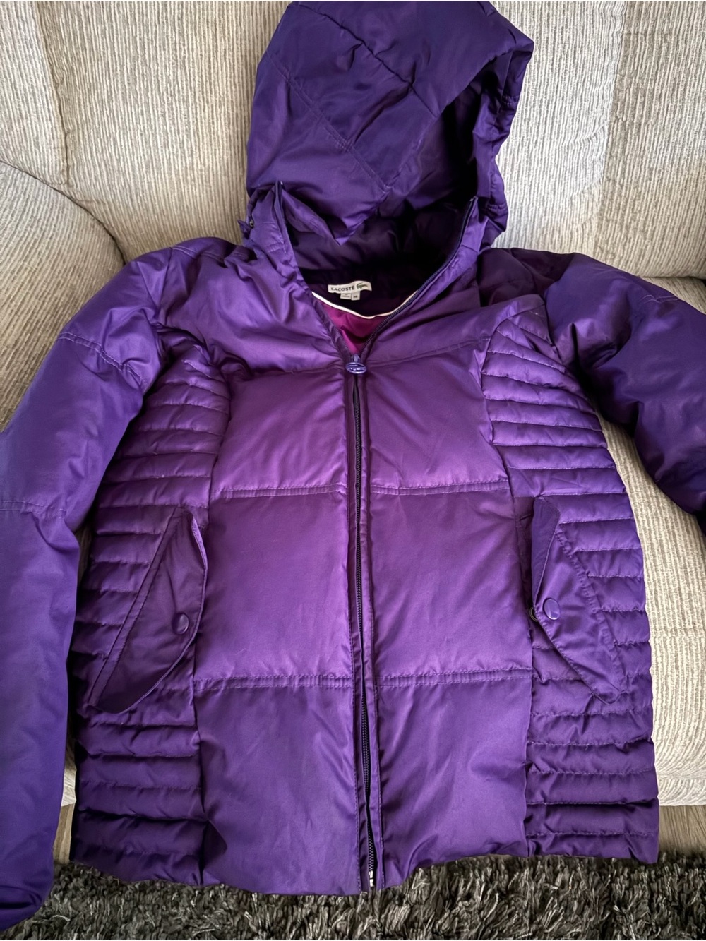 Lacoste Purple Hooded Puffer Coat Size 4-6